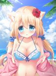  1girl :o animal_ear_fluff animal_ears bangs bare_shoulders beach bikini blue_bikini blue_scrunchie blue_sky blush breasts cleavage cloud cloudy_sky collarbone commentary_request day eyebrows_visible_through_hair fingernails flower fox_ears frilled_bikini frills front-tie_bikini front-tie_top hair_between_eyes hair_flower hair_ornament hair_scrunchie highres horizon jacket large_breasts light_brown_hair long_hair long_sleeves low_twintails navel ocean off_shoulder original outdoors parted_lips pink_jacket red_flower satsuki_yukimi scrunchie sky sleeves_past_wrists solo swimsuit twintails upper_body very_long_hair water 