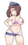  1girl absurdres bangs bare_shoulders bikini blue_headwear boku_no_hero_academia breasts brown_eyes brown_hair cleavage collarbone commentary commentary_request hat highres hot_vr huge_breasts large_breasts looking_at_viewer micro_shorts navel pink_bikini police short_hair shorts simple_background solo swimsuit uraraka_ochako white_background 