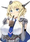  1girl bare_shoulders blonde_hair blue_capelet blue_eyes blue_neckwear blush braid breasts bubble_tea_challenge capelet colorado_(kantai_collection) covered_nipples cup drink drinking drinking_straw elbow_gloves french_braid garrison_cap gin&#039;ichi_(akacia) gloves grey_gloves grey_headwear hat headgear kantai_collection large_breasts looking_at_viewer necktie short_hair sideboob simple_background solo upper_body white_background 