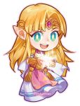  1girl :d bangs blonde_hair blue_eyes bracer chibi circlet dress earrings full_body gem jewelry long_hair looking_at_viewer magic open_mouth parted_bangs pauldrons pockypalooza pointy_ears princess_zelda round_teeth short_sleeves shoulder_armor sidelocks simple_background smile solo super_smash_bros. tabard teeth the_legend_of_zelda the_legend_of_zelda:_a_link_between_worlds the_legend_of_zelda:_a_link_to_the_past triforce twitter_username upper_teeth very_long_hair white_background white_dress 