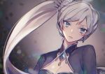  1girl blue_eyes breasts cleavage earrings ecru floating_hair grey_background hair_ornament head_tilt highres jewelry long_hair looking_at_viewer parted_lips portrait rwby scar scar_across_eye shrug_(clothing) side_ponytail silver_hair small_breasts solo very_long_hair weiss_schnee 