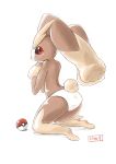  2016 anthro black_sclera blush bodily_fluids brown_fur clothed clothing female fur hi_res kisa_kazuyuki kneeling lagomorph long_ears looking_at_viewer looking_back lopunny mammal nintendo panties pok&eacute;ball pok&eacute;mon pok&eacute;mon_(species) pursed_lips red_eyes simple_background solo sweat topless underwear video_games white_background 