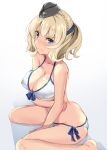  1girl bare_legs bikini blonde_hair blue_eyes blush braid breasts cleavage collarbone colorado_(kantai_collection) commentary_request covered_nipples full-face_blush garrison_cap gin&#039;ichi_(akacia) grey_headwear hat kantai_collection large_breasts looking_at_viewer short_hair simple_background sitting solo swimsuit wariza white_bikini 
