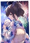  1girl aerial_fireworks ahoge bangs black_hair blue_eyes blue_kimono blue_ribbon commentary_request cotton_candy eyebrows_visible_through_hair fireworks floral_print food hair_between_eyes hair_ribbon high_ponytail highres holding holding_food izumo_kasumi_(nijisanji) japanese_clothes kimono looking_at_viewer looking_to_the_side mole mole_under_mouth night night_sky nijisanji obi ponytail print_kimono profile ribbon sash sidelocks sky solo upper_body virtual_youtuber yuuki_nao_(pixiv10696483) 