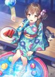  1girl :d animal aqua_kimono ball bottle breasts brown_eyes brown_hair cat commentary_request day earrings flower food from_above glint hair_bun hair_flower hair_ornament holding holding_bottle japanese_clothes jewelry kimono long_hair long_sleeves looking_at_viewer looking_up obi open_mouth original plate popsicle print_kimono rubber_duck sash side_bun side_ponytail sitting small_breasts smile solo sunlight veranda wading wading_pool water water_bottle watermelon_bar wide_sleeves wind_chime yamyom 
