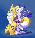  bdsm bondage bound breasts canid canine clothing digimon digimon_(species) domination fangs felid feline felis female female/female female_domination fur gag gatomon gloves handwear hi_res mammal multicolored_fur renamon tape tape_bondage tape_gag white_fur yellow_fur zinnick 