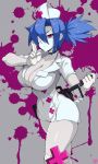  1girl blood blood_splatter blue_eyes breasts choker cleavage collarbone covered_navel dress gloves hat highres jmg large_breasts nurse nurse_cap red_eyes short_dress skullgirls solo surgical_mask tied_hair valentine valentine_(skullgirls) white_dress white_gloves 