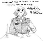  1:1 2019 anthro beverage clothed clothing dating_sim dialogue english_text female hi_res hladilnik looking_at_viewer military monochrome open_mouth samantha_thott scar smile text uniform 