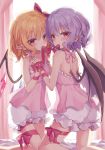  2girls bat_wings beni_kurage blonde_hair bloomers bow crystak eyebrows_visible_through_hair flandre_scarlet highres incest interlocked_fingers kneeling lavender_hair leg_ribbon looking_at_viewer mouth_hold multiple_girls pink_bow red_eyes red_ribbon remilia_scarlet ribbon short_hair siblings sisters touhou underwear wings yuri 