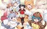  6+girls :d alpaca_ears alpaca_suri_(kemono_friends) animal_ear_fluff animal_ears backpack bag bands bare_arms bare_shoulders bird_wings black_eyes black_gloves black_hair black_legwear bow bowtie breast_suppress breasts brown_coat brown_eyes cleavage closed_eyes coat collarbone double_v elbow_gloves eurasian_eagle_owl_(kemono_friends) extra_ears eyebrows_visible_through_hair eyes_visible_through_hair fang fingerless_gloves frilled_swimsuit frills fur_collar gloves green_hair grey_coat grey_eyes grey_gloves grey_hair hair_between_eyes hair_over_one_eye half-closed_eye hands_on_hips hands_on_own_chest hands_up hat_feather head_wings helmet high-waist_skirt highres holding holding_spoon holding_strap hood hood_up hoodie japanese_crested_ibis_(kemono_friends) kaban_(kemono_friends) kemono_friends legwear_under_shorts long_sleeves looking_at_viewer medium_breasts medium_hair multicolored_hair multiple_girls neck_ribbon northern_white-faced_owl_(kemono_friends) open_mouth otter_ears otter_tail pantyhose pith_helmet print_gloves print_neckwear print_skirt red_hair red_shirt ribbon seductive_smile serval_(kemono_friends) serval_ears serval_print serval_tail shirt shoes short_hair short_sleeves shorts sidelocks sideways_glance silver_hair skirt sleeveless sleeveless_shirt small-clawed_otter_(kemono_friends) smile snake_tail spoon striped_hoodie striped_tail swimsuit tail thighhighs tsuchinoko_(kemono_friends) v v-shaped_eyebrows wings yellow_eyes yorei_(death0813) zettai_ryouiki 