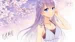  1girl bangs bare_arms bare_shoulders blue_eyes blurry blurry_background blush braid breasts cherry_blossoms cleavage closed_mouth collarbone commentary_request depth_of_field dress earrings eyebrows_visible_through_hair flower hair_between_eyes hair_ornament hairclip hand_up hitsuki_rei jewelry long_hair medium_breasts original pendant purple_flower purple_hair sleeveless sleeveless_dress smile solo tree_branch upper_body very_long_hair white_dress 