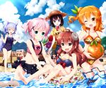  6+girls :d ^_^ ahoge animal_ears ball bangs bare_arms bare_legs bare_shoulders barefoot beach beachball bikini black_hair black_hairband black_skirt black_swimsuit blue_bikini blue_eyes blue_hair blue_shorts blue_sky blush breasts brown_eyes brown_hair casual_one-piece_swimsuit cellphone character_request chiyoda_momo cleavage closed_eyes closed_mouth cloud cloudy_sky collarbone commentary_request day demon_girl demon_horns demon_tail eyebrows_visible_through_hair fang floral_print frilled_swimsuit frills green_ribbon hair_between_eyes hair_bun hair_ornament hair_ribbon hairband highres hinatsuki_mikan holding holding_ball holding_cellphone holding_phone horns innertube leg_hug long_hair machikado_mazoku medium_breasts multiple_girls one-piece_swimsuit open_mouth orange_eyes orange_hair outdoors phone pink_bikini ponytail print_bikini purple_eyes ribbon round_teeth ruu_(tksymkw) sand shirt short_shorts shorts side_bun side_ponytail sign sitting skirt sky small_breasts smile soles standing standing_on_one_leg sunglasses swimsuit tail tail_raised tears teeth translation_request upper_teeth very_long_hair wading water white_bikini x_hair_ornament yellow_shirt yoshida_seiko yoshida_yuuko_(machikado_mazoku) 