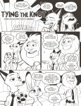  anthro black_and_white canid canine clothed clothing comic disney duo felid female fox group hi_res judy_hopps lagomorph leporid lion male mammal mistermead monochrome necktie nick_wilde pantherine rabbit speech_bubble text zootopia 