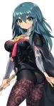 1girl arm_guards armor ass black_cape black_shorts blue_eyes blue_hair breasts byleth_(fire_emblem) byleth_(fire_emblem)_(female) cape collar eyebrows_visible_through_hair fire_emblem fire_emblem:_three_houses fishing_rod gradient_eyes highres holding holding_fishing_rod itsumo_nokoru large_breasts legwear_under_shorts long_hair looking_at_viewer looking_back multicolored multicolored_eyes pantyhose shorts shoulder_armor simple_background solo white_background 