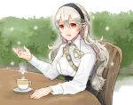  1girl black_hairband chair corrin_(fire_emblem) corrin_(fire_emblem)_(female) cosplay cup fire_emblem fire_emblem:_three_houses fire_emblem_fates hairband long_hair long_sleeves manakete open_mouth pointy_ears red_eyes robaco sitting solo table teacup twitter_username uniform white_hair 