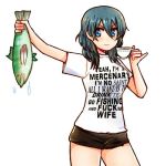  1girl blue_eyes blue_hair byleth_(fire_emblem) byleth_(fire_emblem)_(female) clothes_writing commentary cup dripping english_text fire_emblem fire_emblem:_three_houses fish holding_fish kataro long_hair pinky_out profanity shirt shorts simple_background solo t-shirt teacup white_shirt 