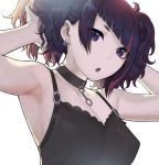  1girl armpits bangs bare_arms bare_shoulders black_camisole black_choker breasts camisole choker collarbone diagonal_bangs earrings eyebrows_visible_through_hair hands_in_hair hands_up highres idolmaster idolmaster_shiny_colors jewelry looking_at_viewer parted_lips purple_eyes purple_hair sidelocks simple_background small_breasts solo sunaba_suzume tanaka_mamimi twintails upper_body white_background 
