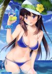  1girl :d absurdres bare_arms bare_shoulders bikini blue_bikini blue_sky blush breasts brown_hair cleavage cloud collarbone day finger_on_trigger flower glint groin halterneck hand_up hat hat_flower highres holding large_breasts long_hair looking_at_viewer melonbooks navel ocean open_mouth outdoors palm_tree purple_eyes scan scrunchie side-tie_bikini sky smile solo sparkle stomach sun_hat sunlight swimsuit thighs tree unasaka_ryou wading water water_gun white_headwear wrist_scrunchie yellow_flower 
