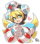  1girl android blonde_hair blue_eyes blush capcom cinnamon green_eyes hair_between_eyes hands_clasped hat headgear heart helmet long_hair nurse nurse_cap own_hands_together robot rockman rockman_x rockman_x_command_mission signature simple_background smile solo tobitori white_background x_(rockman) 