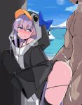  1boy 1girl animal_costume bangs bent_over bird blue_bow blue_eyes blue_sky blush bow cum doggystyle eyebrows_visible_through_hair fate/grand_order fate_(series) from_side hetero kumasteam licking_lips meltryllis meltryllis_(swimsuit_lancer)_(fate) overflow penguin penguin_costume purple_hair sex sky sleeves_past_fingers sleeves_past_wrists tongue tongue_out water 