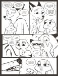  anthro bed black_and_white canid canine clothed clothing comic disney duo female fox hi_res judy_hopps lagomorph leporid male mammal mistermead monochrome nick_wilde rabbit speech_bubble teeth text zootopia 
