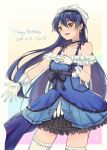  1girl bangs bare_shoulders birthday blue_dress blue_hair bow character_name choker collarbone commentary_request dated dress earrings english_text eyebrows_visible_through_hair gloves hair_between_eyes hair_bow hair_ornament happy_birthday jewelry kira-kira_sensation! long_hair looking_at_viewer love_live! love_live!_school_idol_project mechiko_(mmttkknn) simple_background smile solo sonoda_umi standing thighhighs white_gloves white_legwear yellow_eyes 