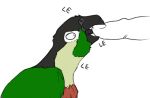  2019 2d_animation ambiguous_gender animated avian beak bird black_beak black_feathers brown_feathers duo feathers feral finger_lick frame_by_frame green_feathers human humor licking looking_at_another mammal multicolored_feathers parakeet parrot side_view simple_background solo_focus text tongue tongue_out true_parrot voregence white_background white_feathers 
