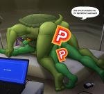  2019 2_toes accessory anal anal_penetration anthro anus balls barefoot bed bodily_fluids brother brothers butt camera censored computer dialogue digital_media_(artwork) donatello_(tmnt) english_text erection genital_fluids headband humanoid_penis incest laptop logo lube male male/male male_penetrated male_penetrating mask mattress michelangelo_(tmnt) muscular nude open_mouth penetration penis precum reptile scalie sex shell short_tail sibling speech_bubble stonecircle teenage_mutant_ninja_turtles text toes turtle 