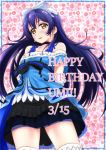  1girl arms_behind_back bangs bare_shoulders birthday blue_hair blush bow character_name commentary_request daikichi dated dress earrings english_text eyebrows_visible_through_hair floral_background gloves hair_between_eyes hair_bow hair_ornament happy_birthday jewelry kira-kira_sensation! long_hair looking_at_viewer love_live! love_live!_school_idol_project simple_background smile solo sonoda_umi standing thighhighs white_gloves white_legwear yellow_eyes 