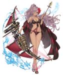  1girl arrow bikini blue_eyes bow_(weapon) cinderella_(sinoalice) crossed_legs dark_skin flower full_body hair_flower hair_ornament hair_over_one_eye ji_no long_hair looking_at_viewer official_art ponytail purple_hair sandals sinoalice smile solo swimsuit transparent_background very_long_hair water watson_cross weapon 