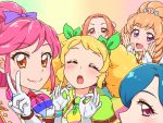  5girls ^_^ ^o^ aikatsu! aikatsu!_(series) belt blonde_hair blue_hair blush bow brown_eyes brown_hair capelet close-up closed_eyes commentary_request double_ok_sign drill_hair eyebrows_visible_through_hair fingerless_gloves flower gloves gradient gradient_background hair_bow hair_flower hair_ornament hair_ribbon himesato_maria idol kazesawa_sora kurorook long_hair looking_at_viewer multiple_girls ok_sign open_mouth otoshiro_noel otoshiro_seira pink_eyes pink_hair ponytail purple_eyes red_eyes ribbon saegusa_kii self_shot smile twin_drills twintails upper_teeth 