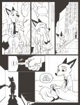  anthro bed black_and_white canid canine clothed clothing comic disney duo female fox hi_res judy_hopps lagomorph leporid male mammal mistermead monochrome mouse murid murine necktie nick_wilde rabbit rodent speech_bubble text zootopia 