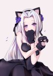  1girl animal_ears azur_lane bare_shoulders black_dress black_hairband breasts cat_ears covered_mouth dress eyebrows_visible_through_hair eyes_visible_through_hair fake_animal_ears flower gloves hair_intakes hairband highres ioniccrystal long_hair looking_at_viewer paw_gloves paws purple_eyes purple_flower purple_rose rose silver_hair simple_background small_breasts solo straight_hair strapless strapless_dress very_long_hair white_background x_arms yorktown_(azur_lane) 