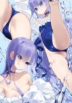  1girl :q ass bangs bare_shoulders blue_eyes blue_ribbon blush breasts choker fate/grand_order fate_(series) frills hair_ribbon highres leg_up legs looking_at_viewer meltryllis meltryllis_(swimsuit_lancer)_(fate) multiple_views nipples purple_hair ribbon ronna small_breasts tongue tongue_out water 