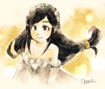  1girl black_hair breasts cleavage closed_mouth commentary_request dress final_fantasy final_fantasy_ix garnet_til_alexandros_xvii gloves jewelry long_hair looking_at_viewer low-tied_long_hair miri_(mirik) necklace smile solo wedding_dress 