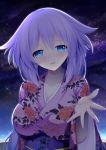  1girl absurdres blue_eyes blush breasts floral_print hair_ornament highres japanese_clothes kimono kludea large_breasts long_hair looking_at_viewer neptune_(series) night night_sky power_symbol print_kimono purple_hair purple_heart sash sky smile solo symbol-shaped_pupils 