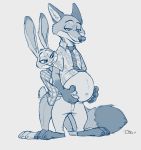  2019 3_toes anthro belly big_belly canid canine clothed clothing digital_media_(artwork) disney duo female fox fur judy_hopps lagomorph leporid male male/female male_pregnancy mammal nick_wilde pregnant rabbit red_fox simple_background smile teaselbone toes zootopia 
