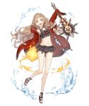  1girl :d blonde_hair diving_mask diving_mask_around_neck frills full_body instrument jacket jacket_over_swimsuit ji_no little_red_riding_hood_(sinoalice) long_hair looking_at_viewer navel official_art open_mouth orange_eyes ribbon sandals sinoalice sleeves_past_wrists smile solo swimsuit transparent_background upper_teeth water 