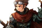  1boy alec_(arc_the_lad) arc_s0222 arc_the_lad arc_the_lad_iii brown_eyes brown_hair cape closed_mouth ear_piercing gloves goggles goggles_on_head piercing simple_background solo strap sword upper_body weapon white_background 