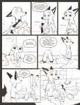  anthro bed black_and_white canid canine clothed clothing comic disney duo female fox hi_res judy_hopps lagomorph leporid male mammal mistermead monochrome necktie nick_wilde rabbit speech_bubble text zootopia 