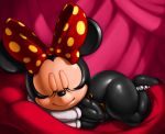  2019 angelauxes anklet anthro big_butt black_fur bow butt clothing disney female fur gloves handwear headbow inside jewelry lying mammal minnie_mouse mouse murid murine rodent sleeping solo thick_thighs thong 