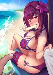  1girl ass bangs bare_shoulders bikini blush breasts eating fate/grand_order fate_(series) flower food hair_between_eyes hair_flower hair_ornament hibiscus large_breasts leg_garter long_hair looking_at_viewer open_mouth popsicle purple_bikini purple_hair qblade red_eyes scathach_(fate)_(all) scathach_(swimsuit_assassin)_(fate) shirt_grab sitting smile solo_focus swimsuit thighs 