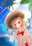  1girl absurdres ankle_cuffs bangs bikini blonde_hair cinderella_bust cloud collarbone dutch_angle eyebrows_visible_through_hair flandre_scarlet frilled_bikini frills from_below hand_on_own_knee hat highres index_finger_raised long_hair open_mouth outdoors palm_tree red_bikini red_eyes semisigule shiny shiny_hair sitting solo straw_hat sun_hat sunlight swimsuit touhou tree wings wrist_cuffs 
