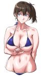  1girl areola_slip areolae bikini black_hair blue_bikini blue_eyes breasts commentary_request groin highres kaga_(kantai_collection) kantai_collection large_breasts long_hair looking_up micro_bikini navel short_hair side-tie_bikini side_ponytail simple_background solo sozan swimsuit white_background 