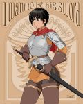  1girl armor bangs berserk black_hair breastplate brown_background brown_eyes brown_gloves capelet casca commentary_request dark_skin drawing_sword gloves head_tilt highres holding holding_sword holding_weapon iaranaika looking_to_the_side open_mouth orange_shirt red_capelet shirt short_hair shoulder_armor solo spaulders sword teeth text_focus upper_body weapon 