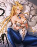  1girl ahoge animal_ears artoria_pendragon_(all) artoria_pendragon_(swimsuit_ruler)_(fate) ass asymmetrical_bangs bangs bare_shoulders blonde_hair blue_legwear blush braid breast_hold breasts bunny_ears bunny_girl bunnysuit chain choker cleavage collarbone crown detached_collar fake_animal_ears fate/grand_order fate_(series) fishnet_pantyhose fishnets fur green_eyes half-closed_eyes high_ponytail highleg highleg_leotard highres large_breasts leotard lips long_hair looking_at_viewer lying mhk_(mechamania) navel navel_cutout necktie no_shoes pantyhose parted_lips pillow ponytail solo strapless strapless_leotard wing_collar 