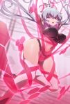  1girl ahoge breasts covered_navel elbow_gloves gloves headgear henshin highres large_breasts leotard long_hair looking_at_viewer low_twintails open_mouth purple_eyes red_leotard ribbon senki_zesshou_symphogear shiny shiny_clothes shiny_hair shiny_skin silver_hair skin_tight solo thighhighs thighs twintails uganda very_long_hair white_gloves white_legwear yukine_chris 