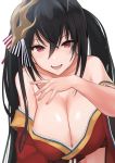  1girl :d azur_lane bangs bare_shoulders black_hair blush breasts cleavage collarbone crossed_bangs eyebrows_visible_through_hair hair_between_eyes hand_up japanese_clothes kimono large_breasts leaning_forward long_hair long_sleeves looking_at_viewer mappaninatta mask mask_on_head off_shoulder open_mouth red_eyes red_kimono ribbon simple_background smile solo striped striped_ribbon taihou_(azur_lane) tied_hair twintails upper_teeth white_background 