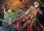  2boys absurdres arm_up armor back-to-back blonde_hair chain chyoel ea_(fate/stay_night) earrings enkidu_(fate/strange_fake) fate_(series) floating_hair gilgamesh green_hair highres holding holding_sword holding_weapon jewelry long_hair male_focus multiple_boys necklace parted_lips red_eyes sword very_long_hair weapon 