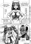  1boy 1girl angry artist_name bilingual blush breasts dress earrings eyebrows_visible_through_hair girls_und_panzer greyscale hands_on_hips hat highres jewelry large_breasts large_penis long_hair looking_at_penis looking_at_viewer mik_yanase monochrome murakami_(girls_und_panzer) neckerchief one_eye_closed open_mouth penis penis_awe sailor_dress simple_background smelling_penis smile speech_bubble sunglasses teeth trembling trembling_penis wavy_mouth 